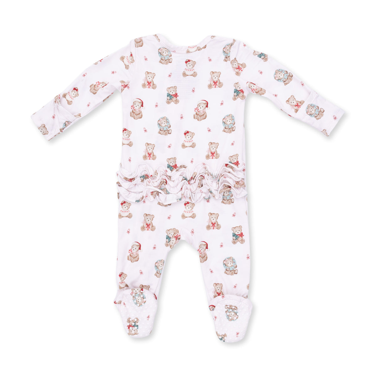 Christmas Teddy Bears Pink - 2 Way Ruffle Back Zipper Footie by Angel Dear