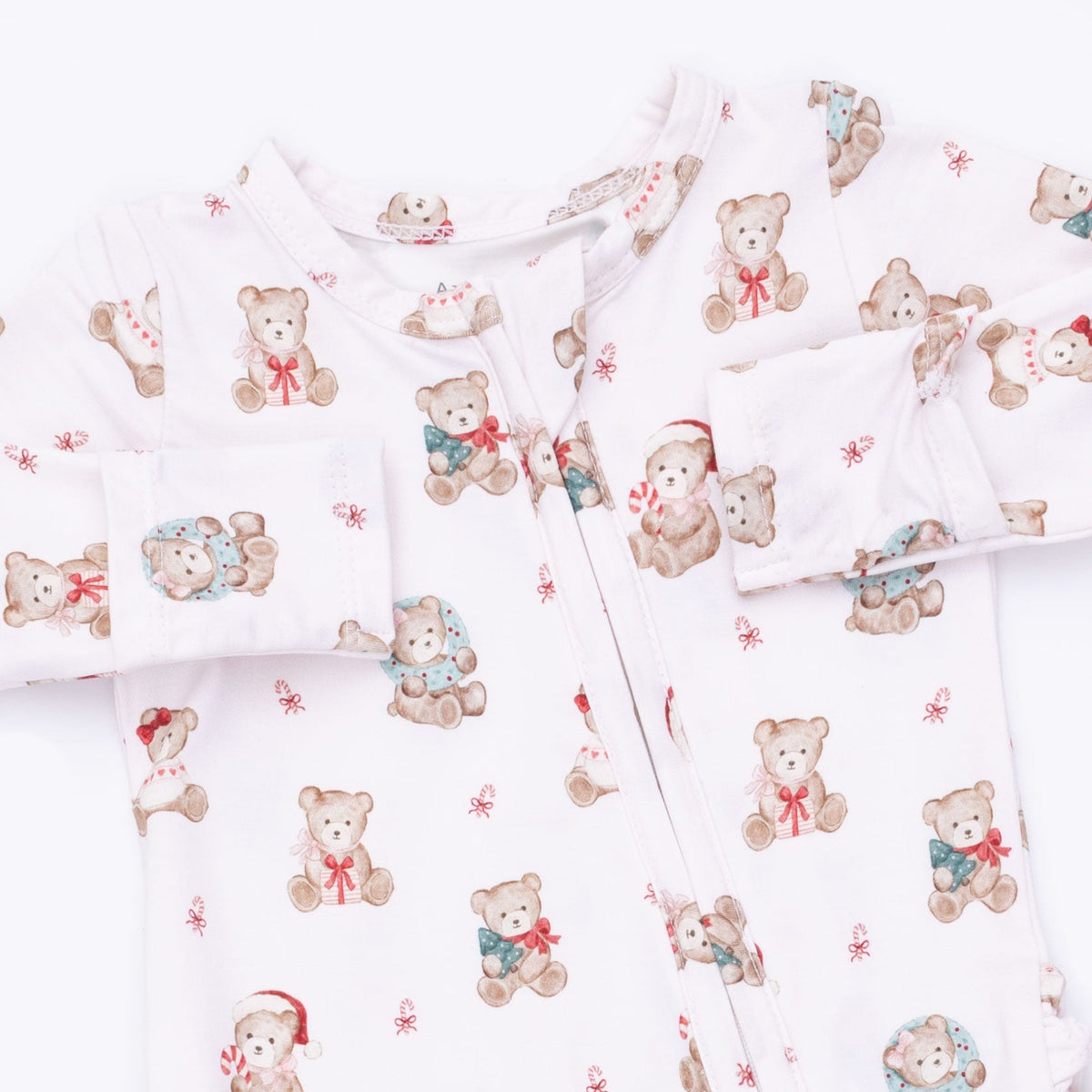 Christmas Teddy Bears Pink - 2 Way Ruffle Back Zipper Footie by Angel Dear