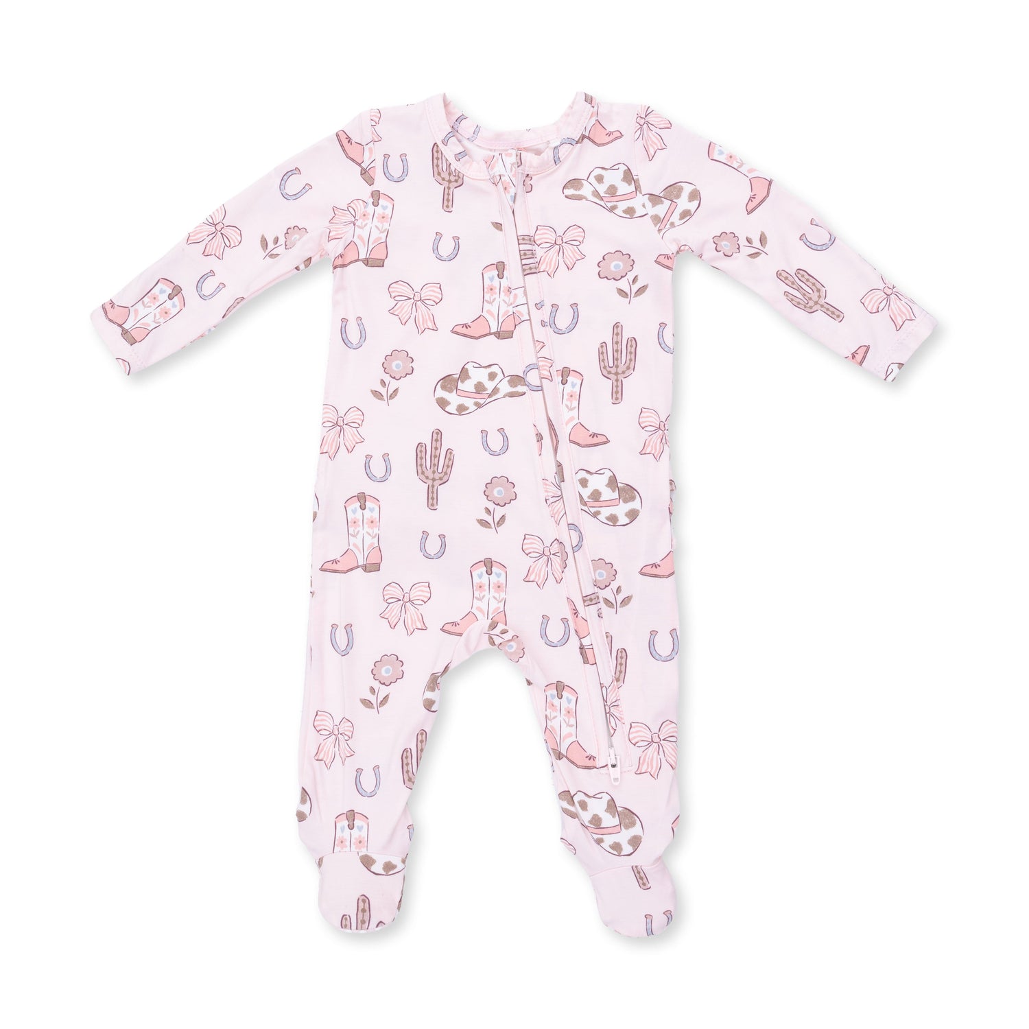 Footie pajamas in a Cowgirl Boots and Bows print with a ruffle back detail and full-length front zipper