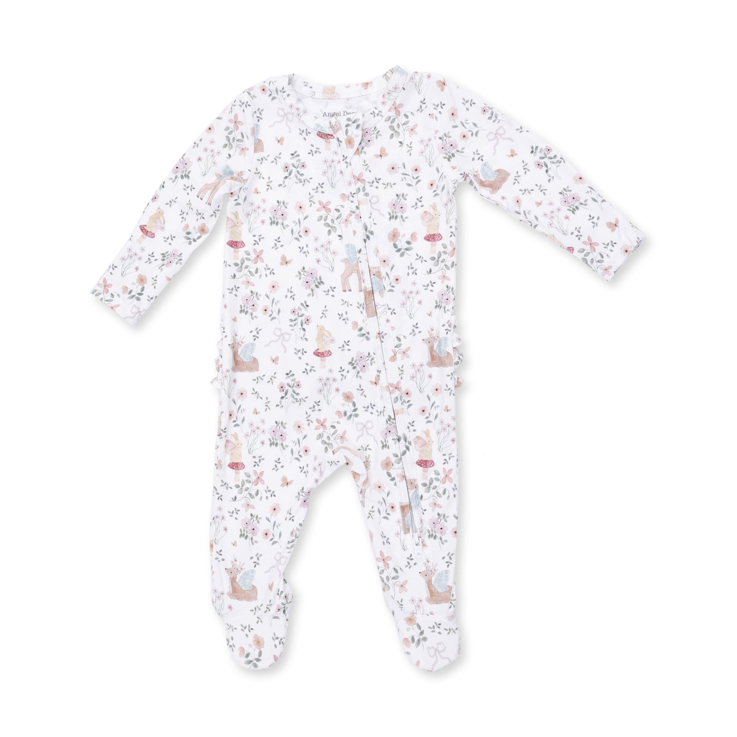 Baby footie pajamas in Enchanted Woodland print with a ruffle back detail and two-way front zipper