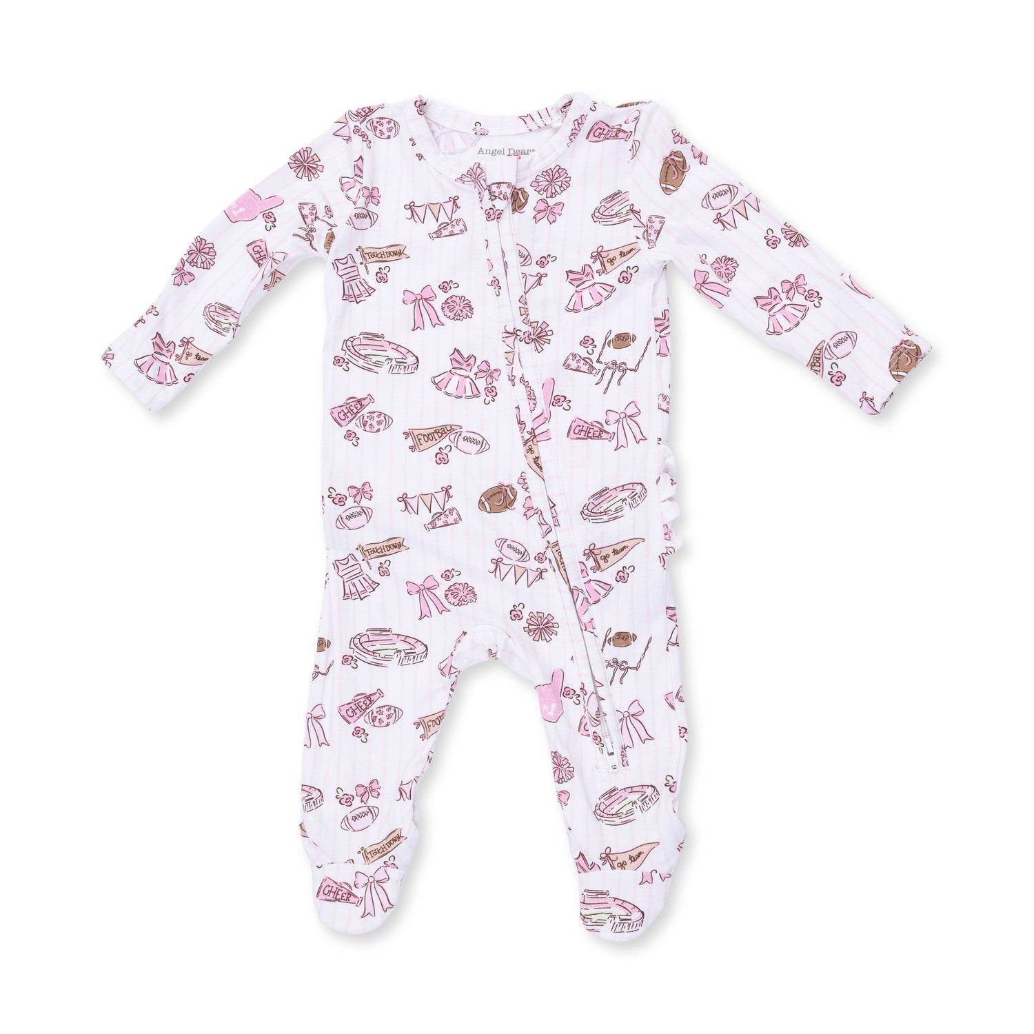 Zip-up baby footie in a football cheer print with a ruffle back detail and non-slip foot grippers