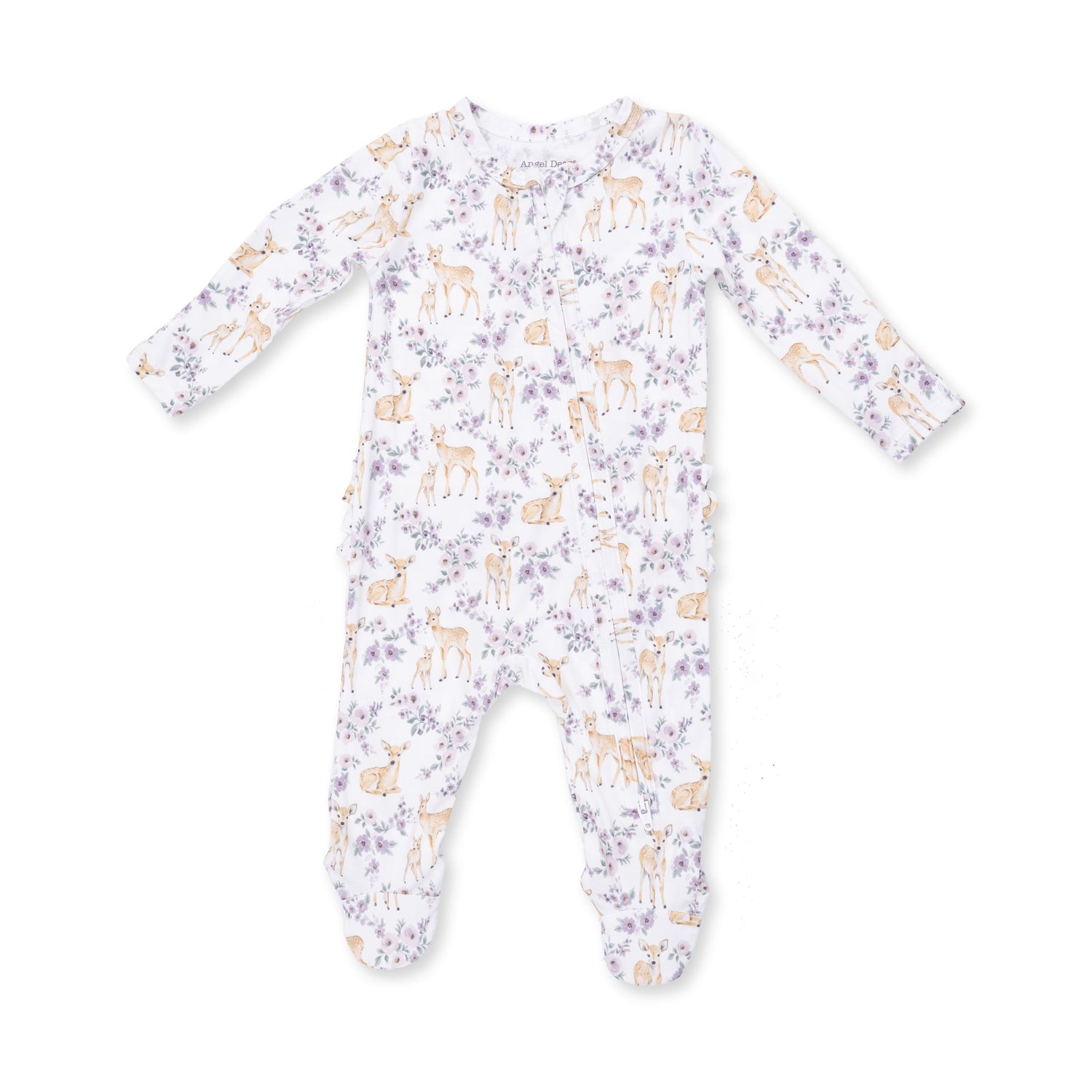 Baby footie pajamas in a floral deer print with a ruffle back detail and full-length front zipper.