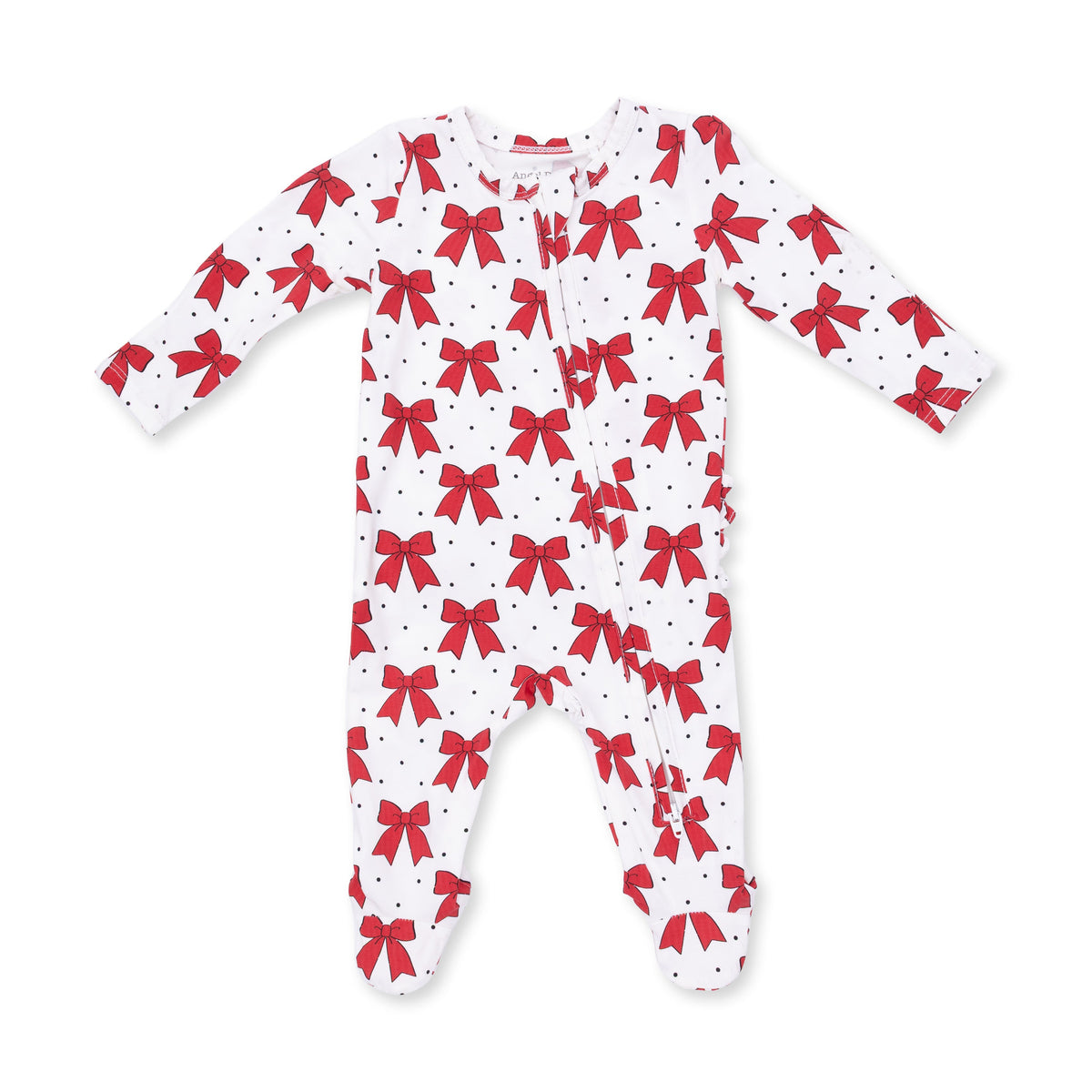 Baby footie pajama in Festive Bows print with ruffle back detail and two-way front zipper