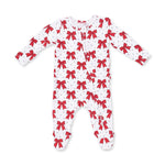 Baby footie pajama in Festive Bows print with ruffle back detail and two-way front zipper