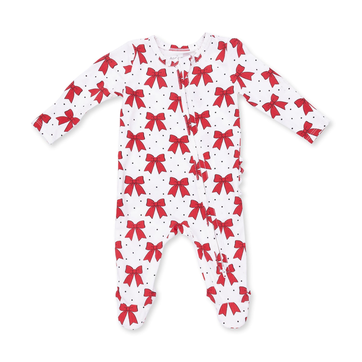 Baby footie pajama in Festive Bows print with ruffle back detail and two-way front zipper