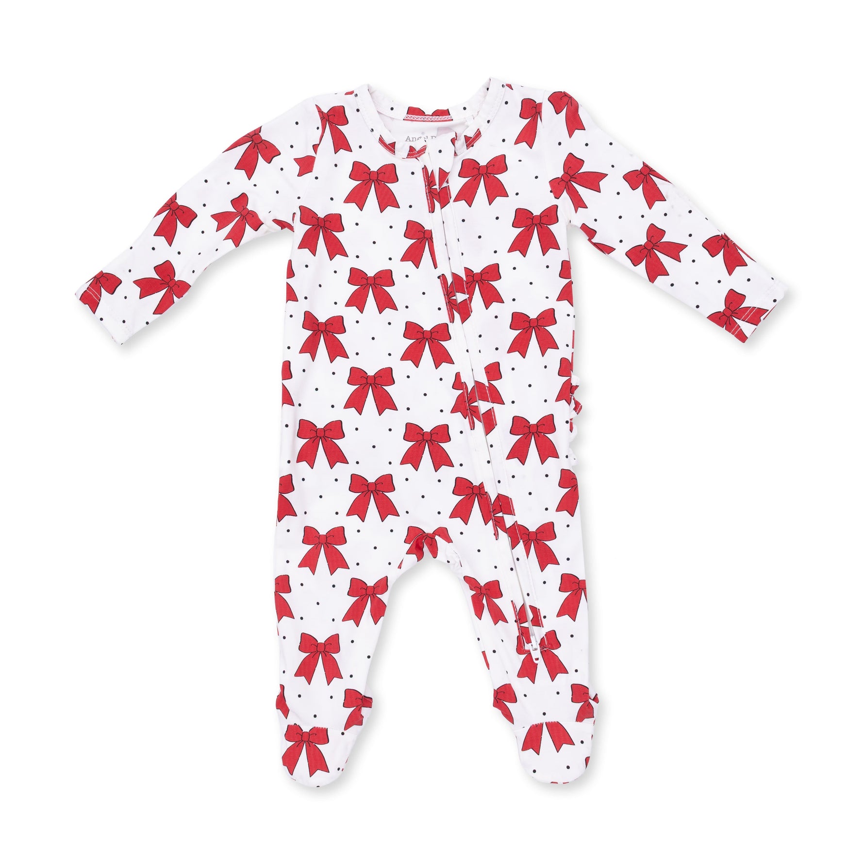 Baby footie pajama in Festive Bows print with ruffle back detail and two-way front zipper