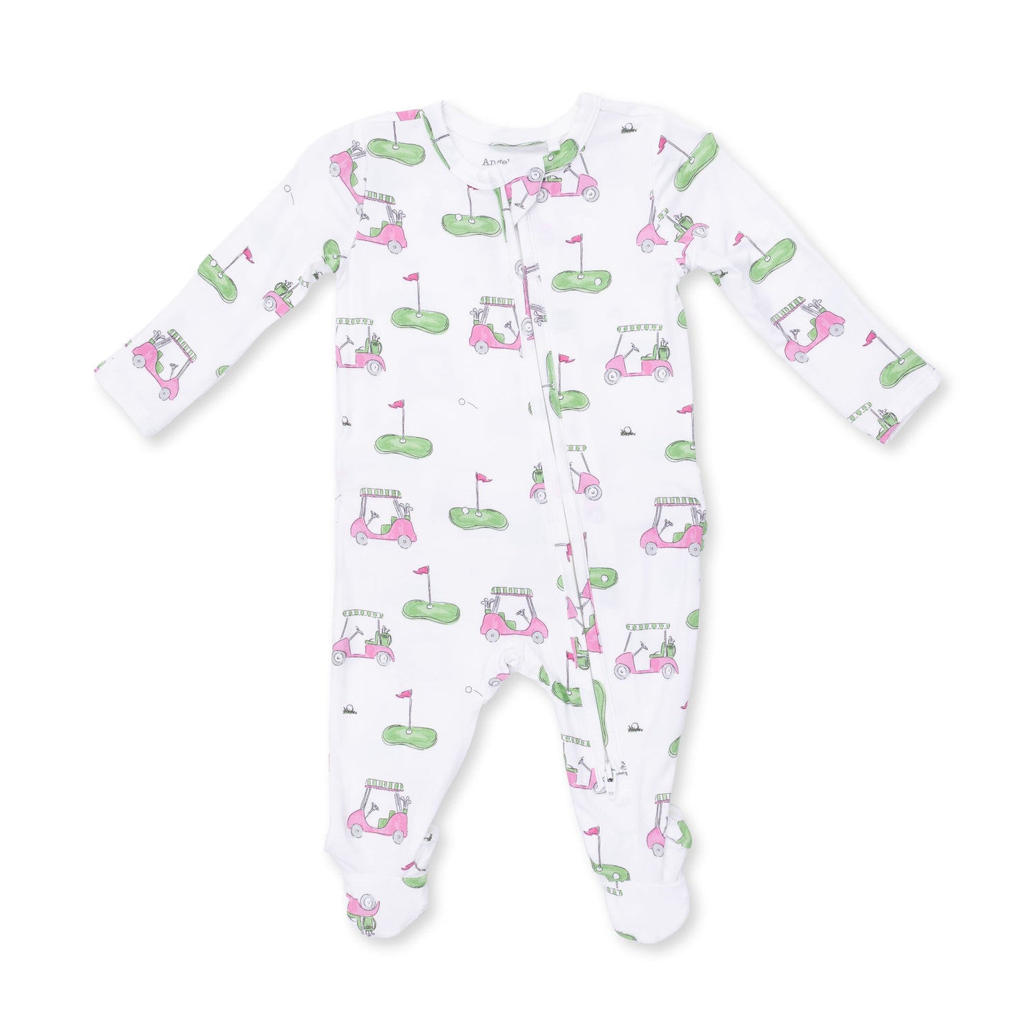 Pink footie pajamas with a golf cart print, ruffle back detail, and front zipper
