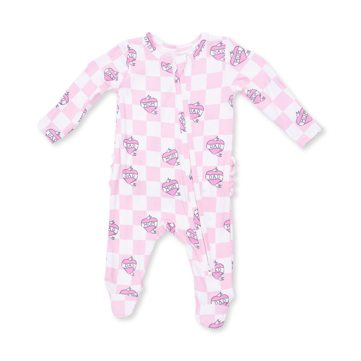 Baby footie pajamas in pink heart tattoo check print with front zipper and ruffle back detail