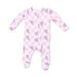 Baby footie pajamas in pink heart tattoo check print with front zipper and ruffle back detail
