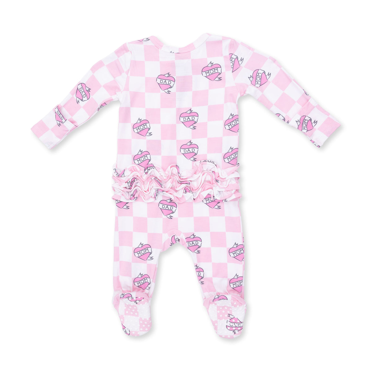 Heart Tattoo Check Pink - 2 Way Ruffle Back Zipper Footie by Angel Dear