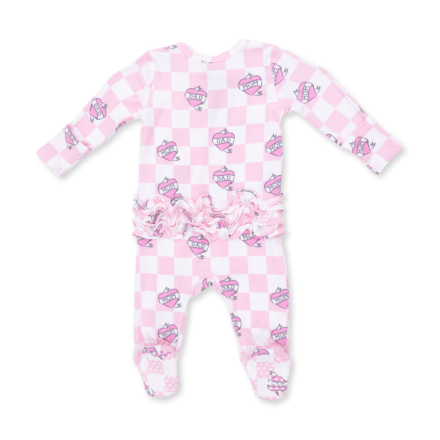 Heart Tattoo Check Pink - 2 Way Ruffle Back Zipper Footie
