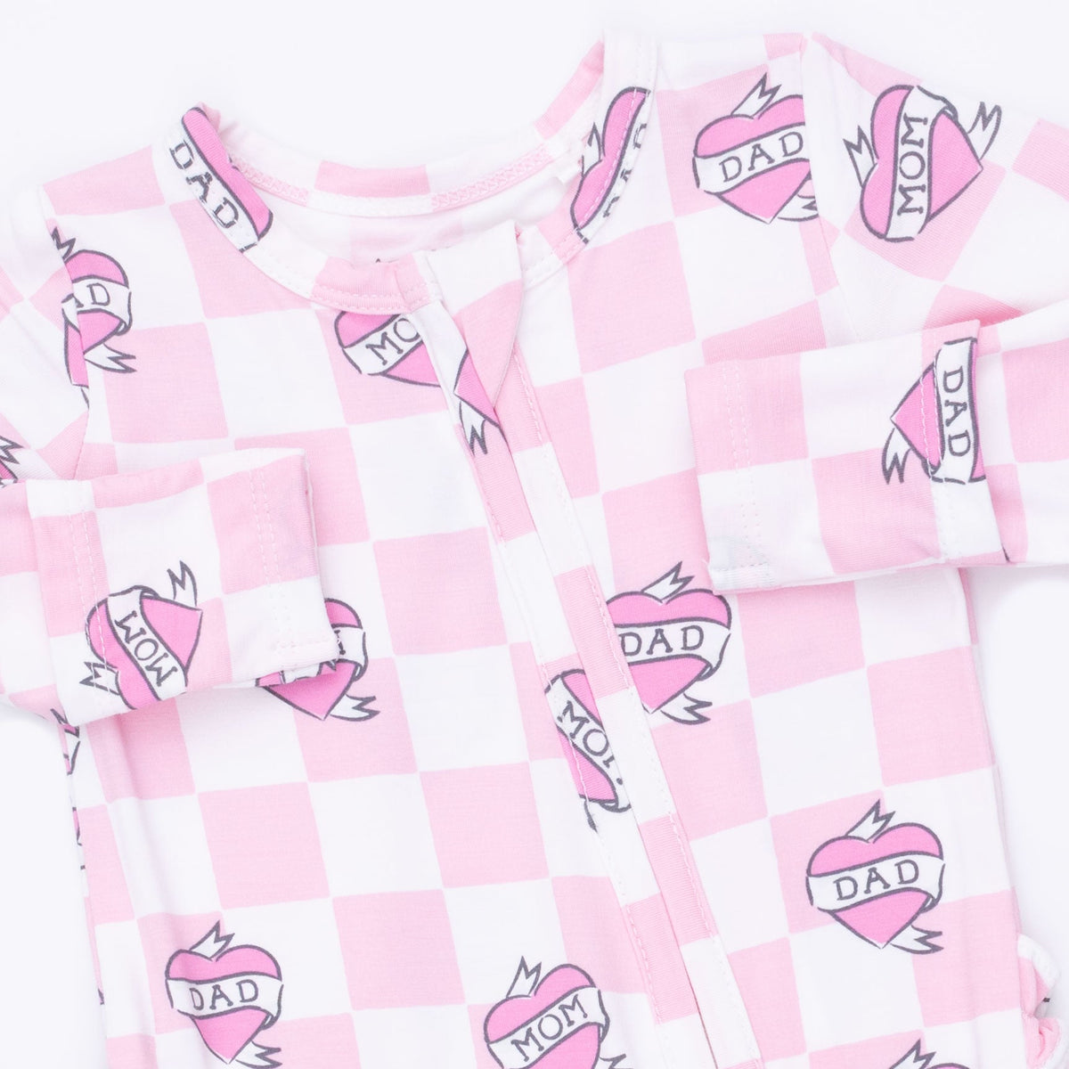 Heart Tattoo Check Pink - 2 Way Ruffle Back Zipper Footie by Angel Dear