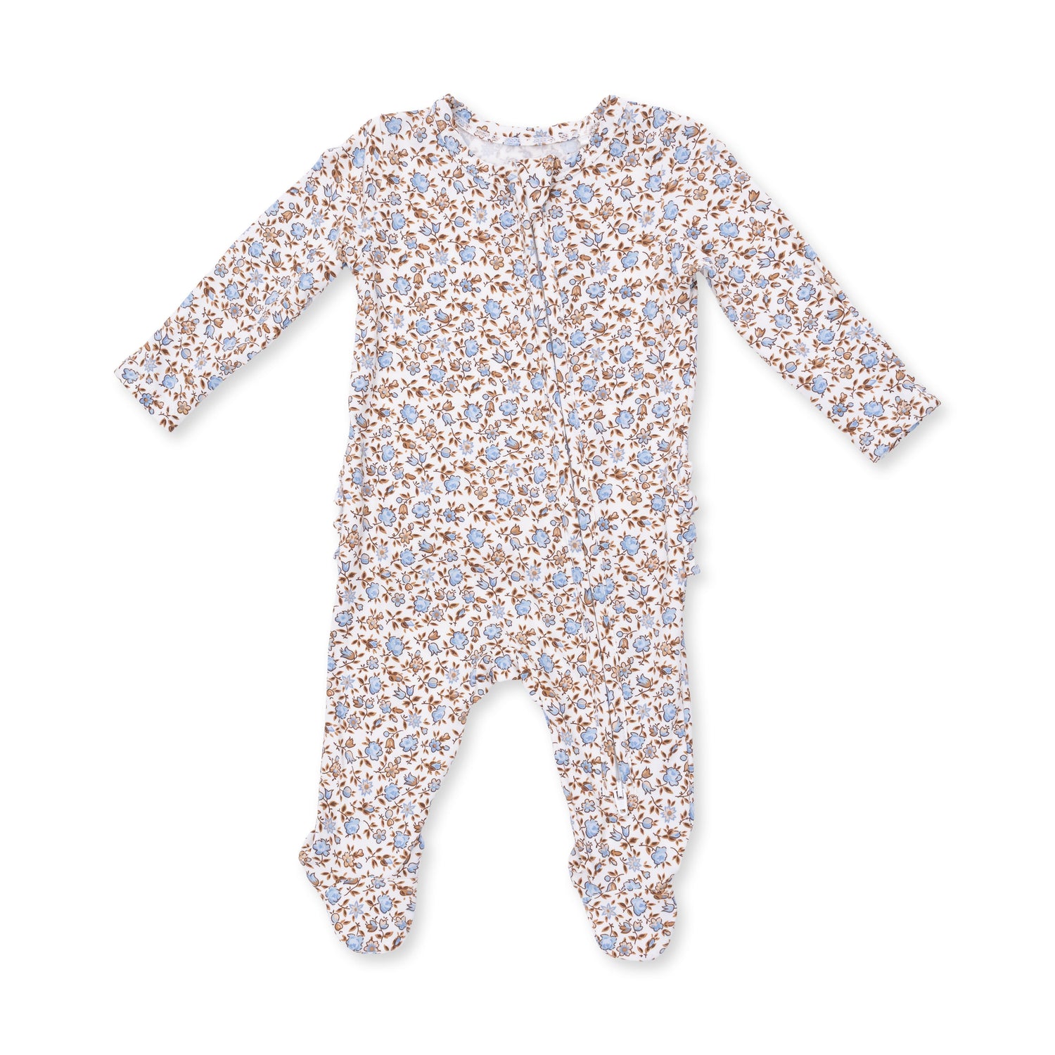 Baby footie pajamas in Hazel Floral print with ruffle back detail and full-length two-way zipper.
