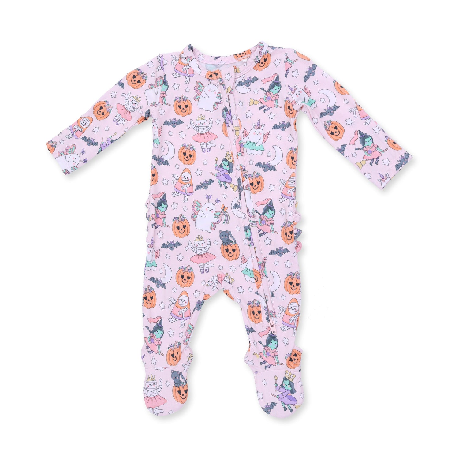 Pink zip-up baby footie with a playful Halloween monster print and a ruffle back detail