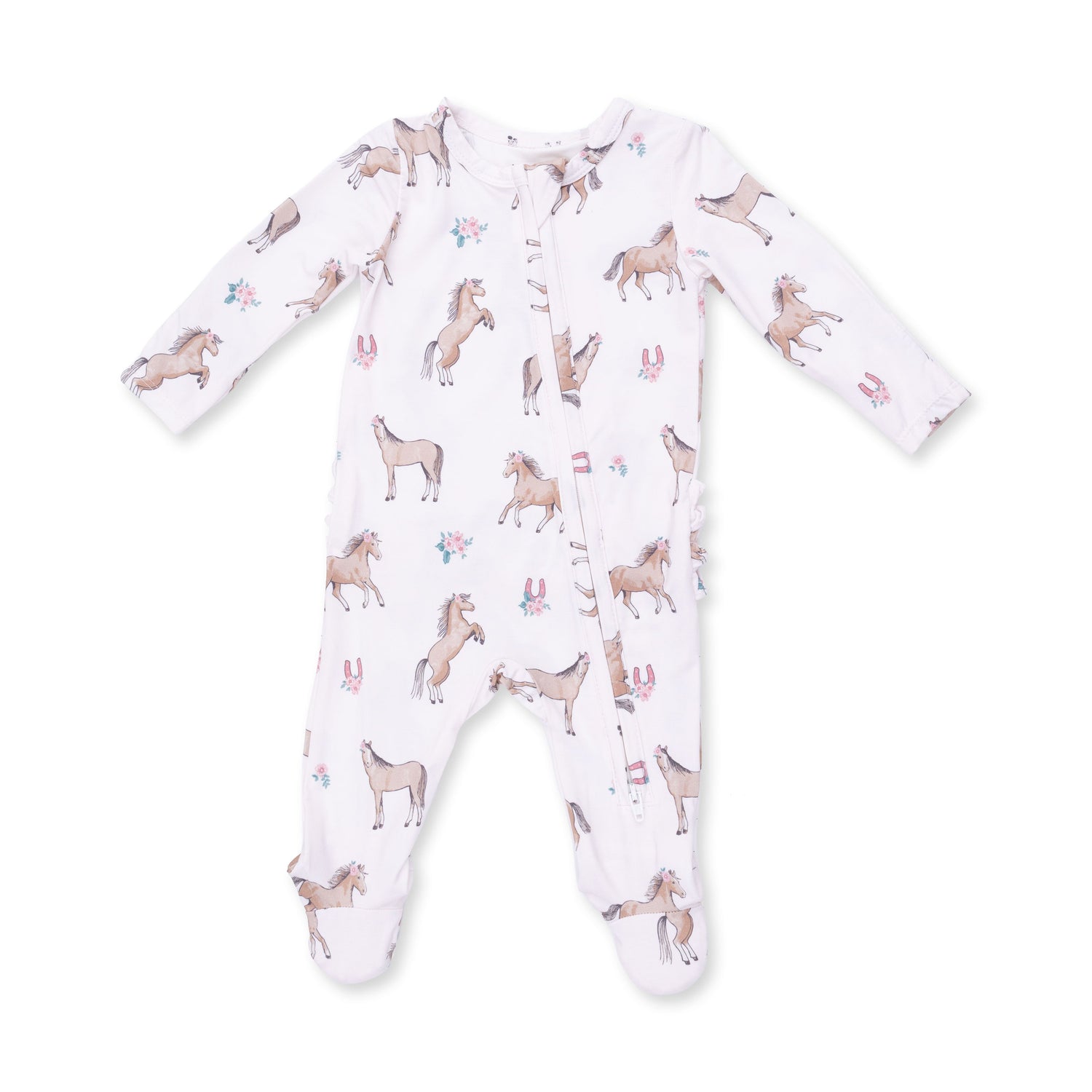 Footie pajamas in a horse print with ruffle back detail and full-length two-way zipper