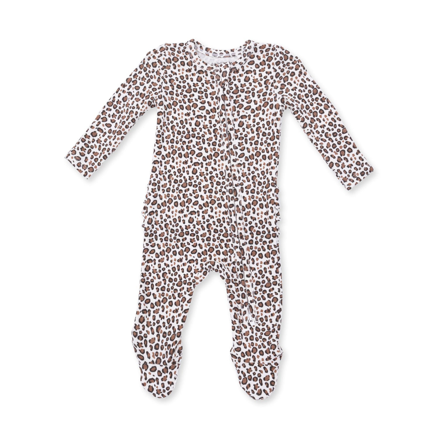 Baby footie pajamas in leopard print ribbed fabric with a ruffle back detail and full-length zipper.