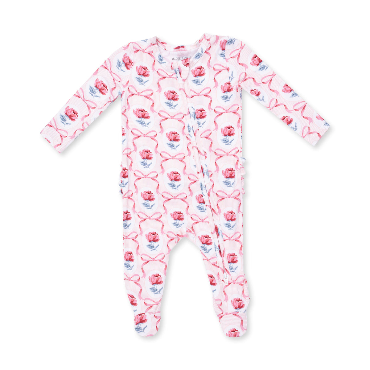 Baby footie pajamas in a Leslie rose print with two-way zipper and ruffle back detail