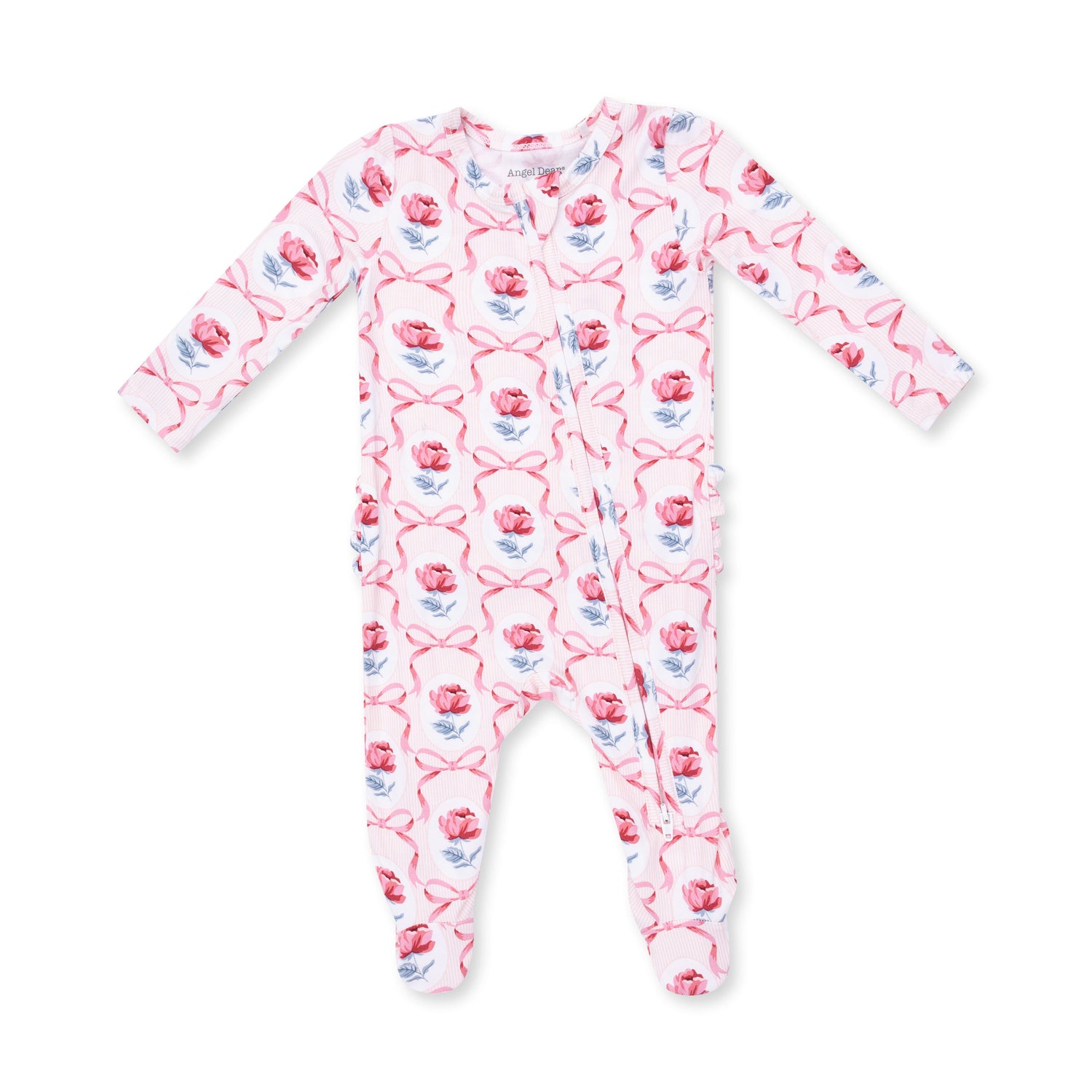 Baby footie pajamas in a Leslie rose print with two-way zipper and ruffle back detail