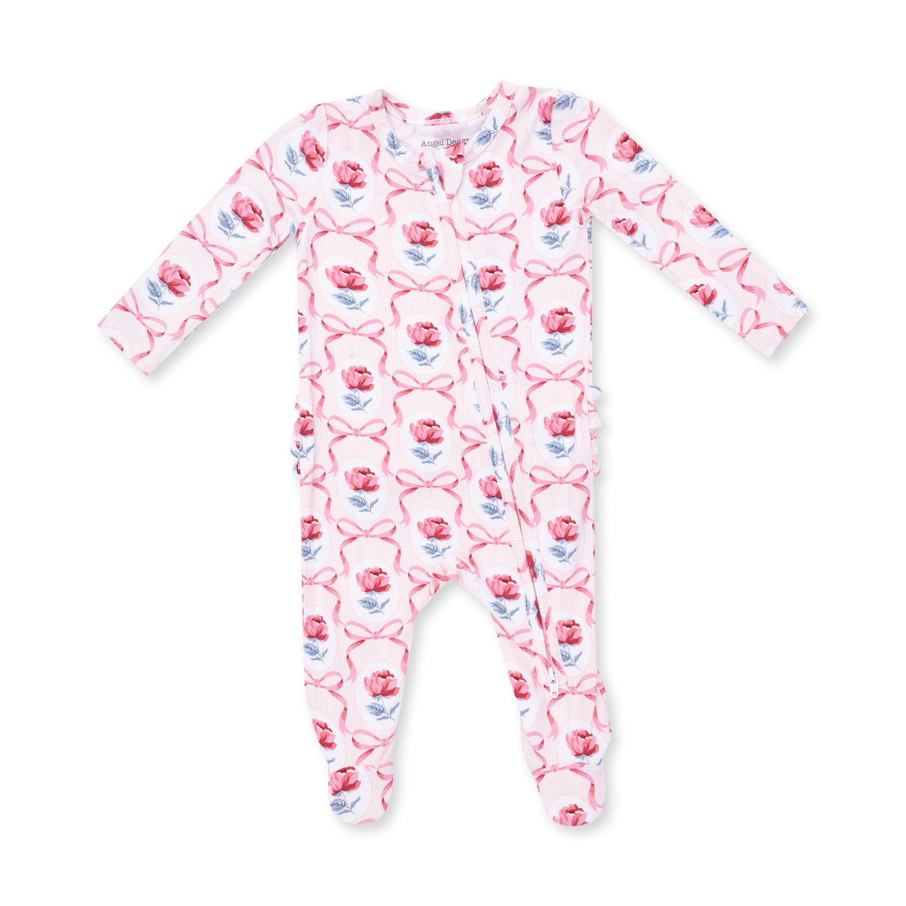 Baby footie pajamas in a Leslie rose print with two-way zipper and ruffle back detail