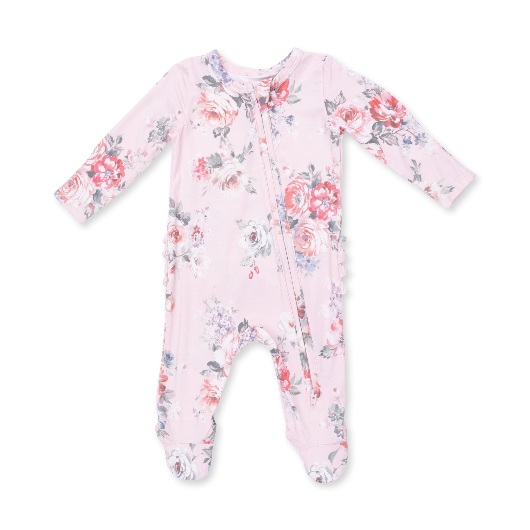 Painterly Rose Bouquets - 2 Way Ruffle Back Zipper Footie by Angel Dear (view 2 of 4)