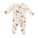 Ruffle-back zipper footie in Pretty Equestrian horse print with fold-over cuffs and non-slip footed grippers.