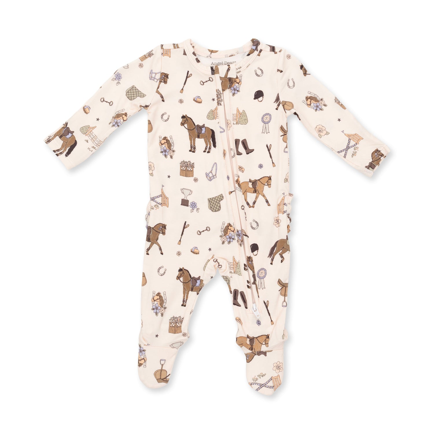 Ruffle-back zipper footie in Pretty Equestrian horse print with fold-over cuffs and non-slip footed grippers.