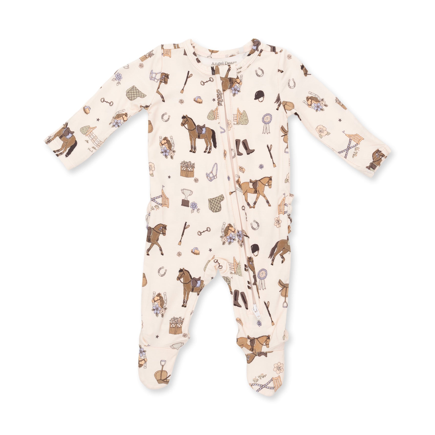 Ruffle-back zipper footie in Pretty Equestrian horse print with fold-over cuffs and non-slip footed grippers.