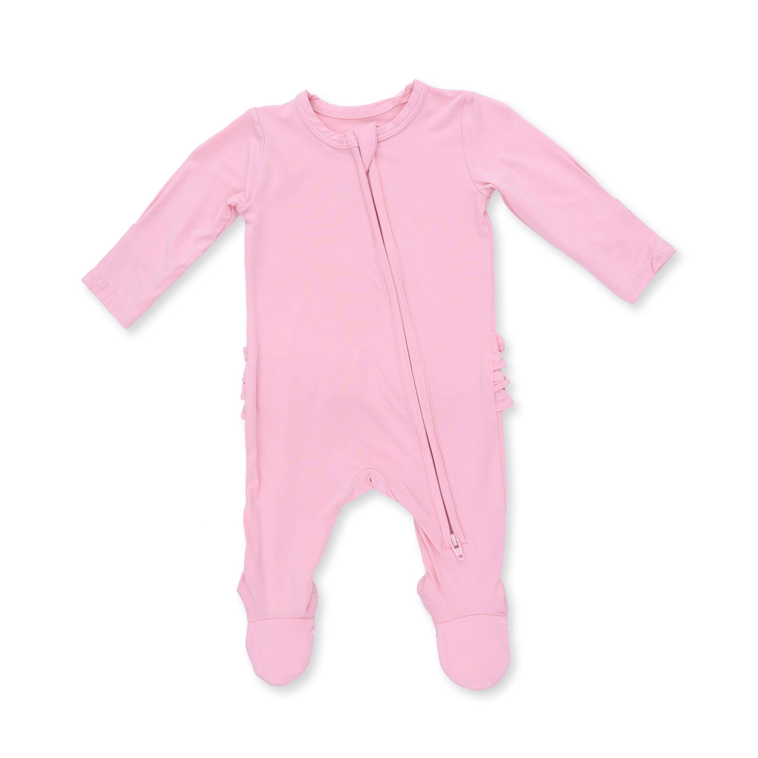Ruffle back zipper footie in solid candy pink with fold-over cuffs and a full-length front zipper.