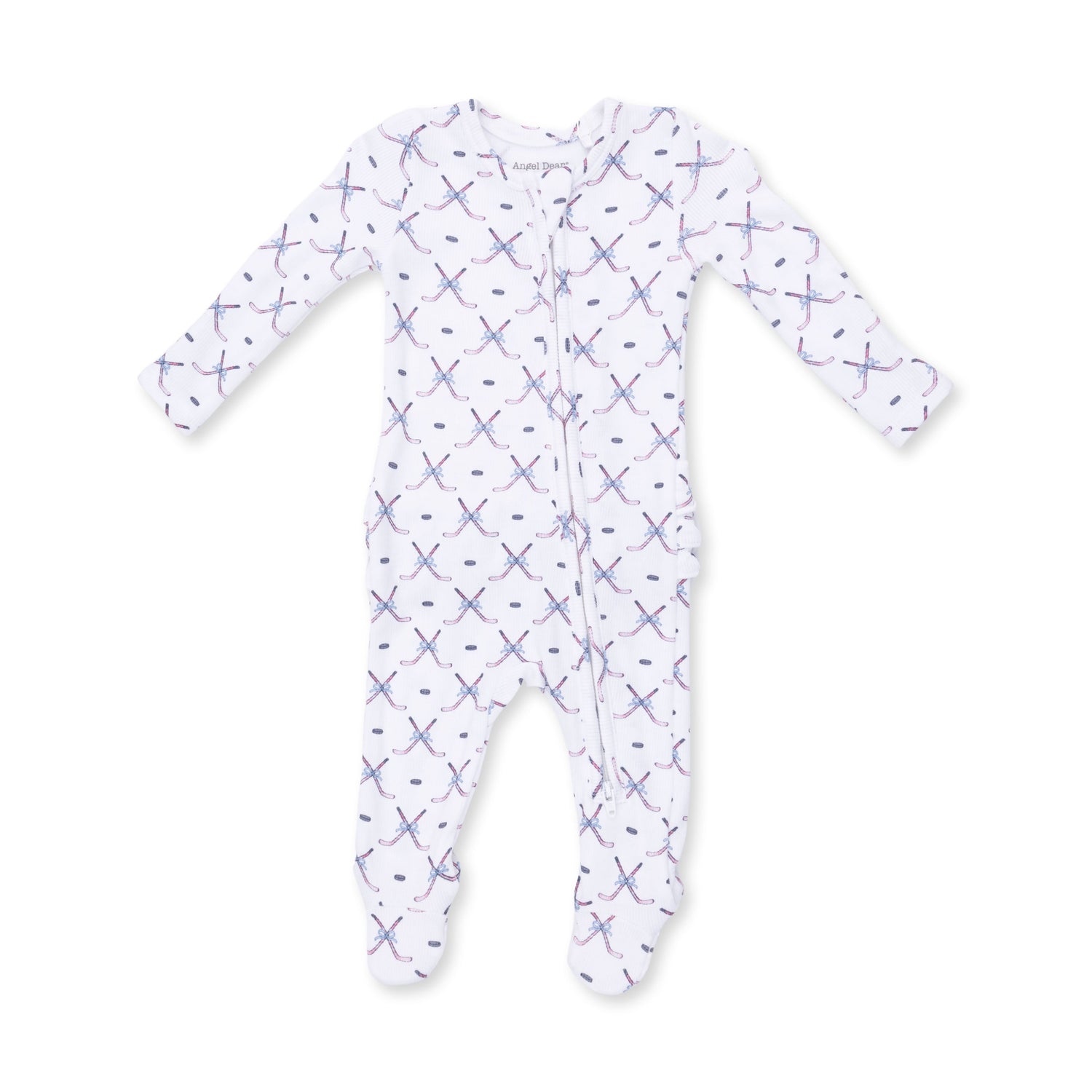 Baby footie pajamas in pink with a hockey print, ruffle back detail, fold-over cuffs, and a full-length front zipper.