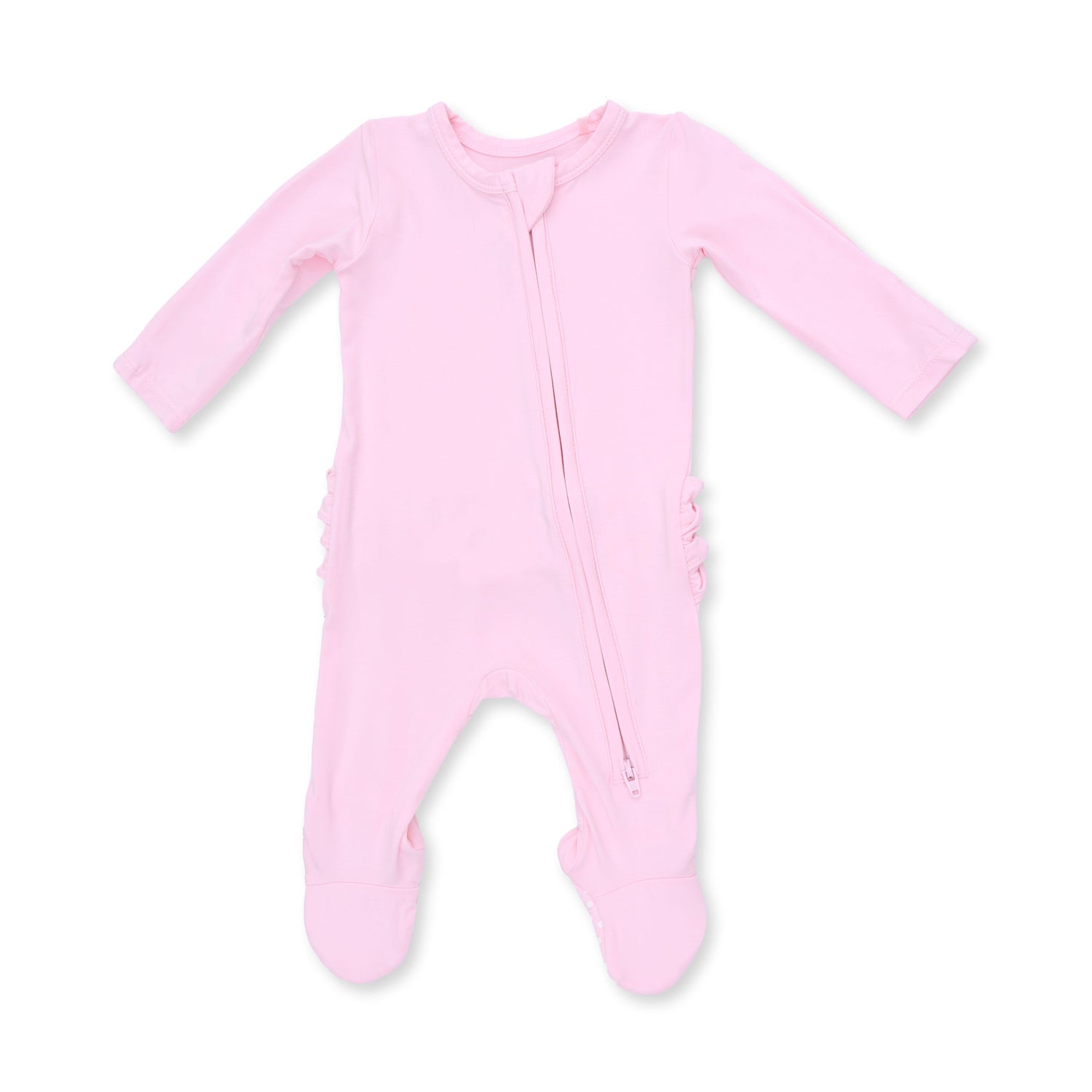 Solid pink zip-front baby footie with ruffle detail across the back and fold-over cuffs.