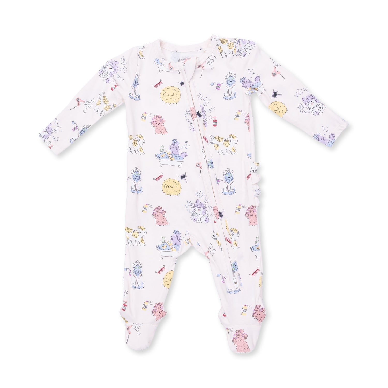 Footie pajamas in a spa-themed dog print with a ruffle back detail and full-length zipper.