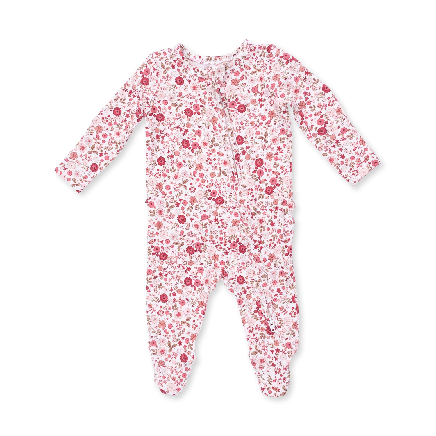 Ruffle back zipper footie in Serene Floral print with fold-over cuffs and non-slip grip feet.