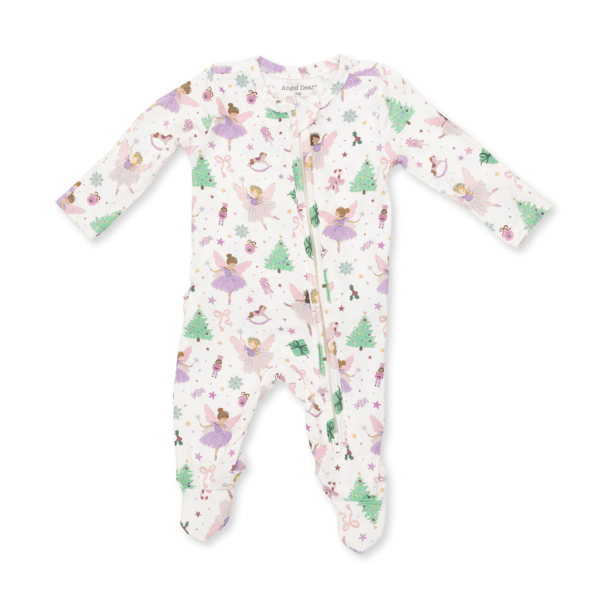 Baby footie pajama in Sugar Plum Fairies print with ruffle back detail and full-length two-way zipper