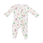 Baby footie pajama in Sugar Plum Fairies print with ruffle back detail and full-length two-way zipper