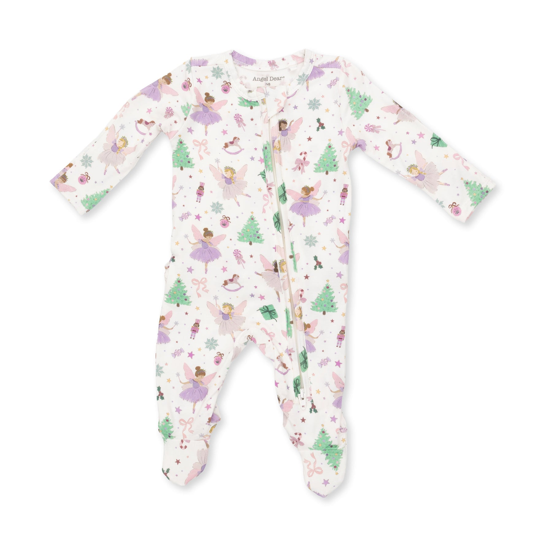 Baby footie pajama in Sugar Plum Fairies print with ruffle back detail and full-length two-way zipper