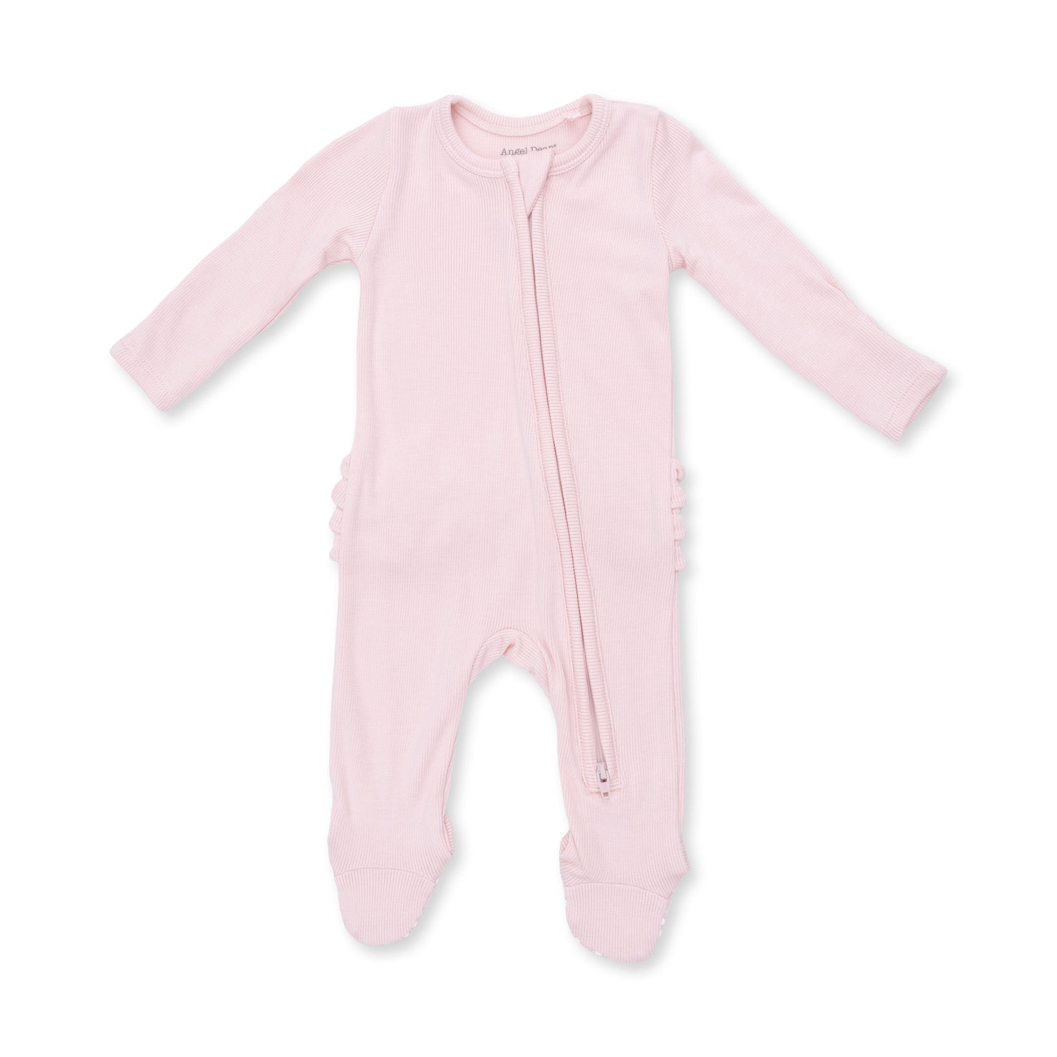 Ribbed baby footie in solid veiled pink with a ruffle back detail and full-length zipper
