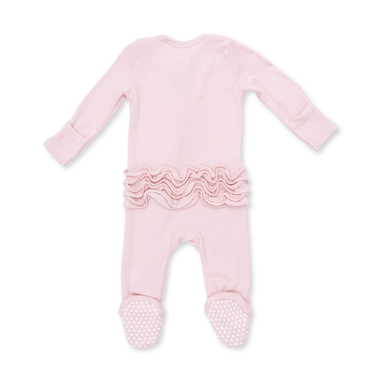 Solid Veiled Pink Rib - 2 Way Ruffle Back Zipper Footie by Angel Dear (view 2 of 3)