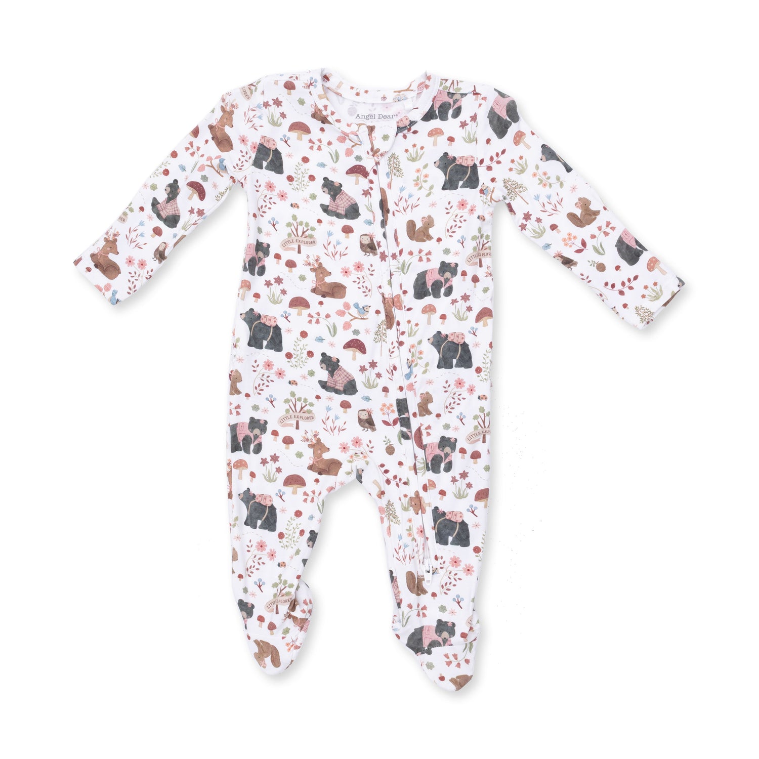 Pink baby footie with Southern Woodland Animals print, a ruffle back detail, and a full-length zipper