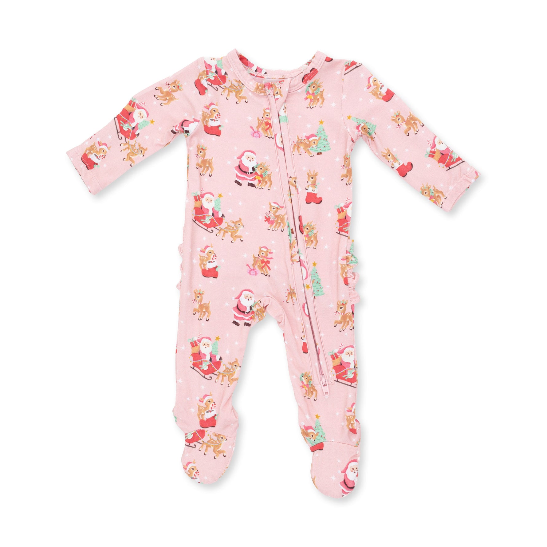 Baby footie pajamas in pink with vintage reindeer and Santa print, front zipper and ruffle back detail