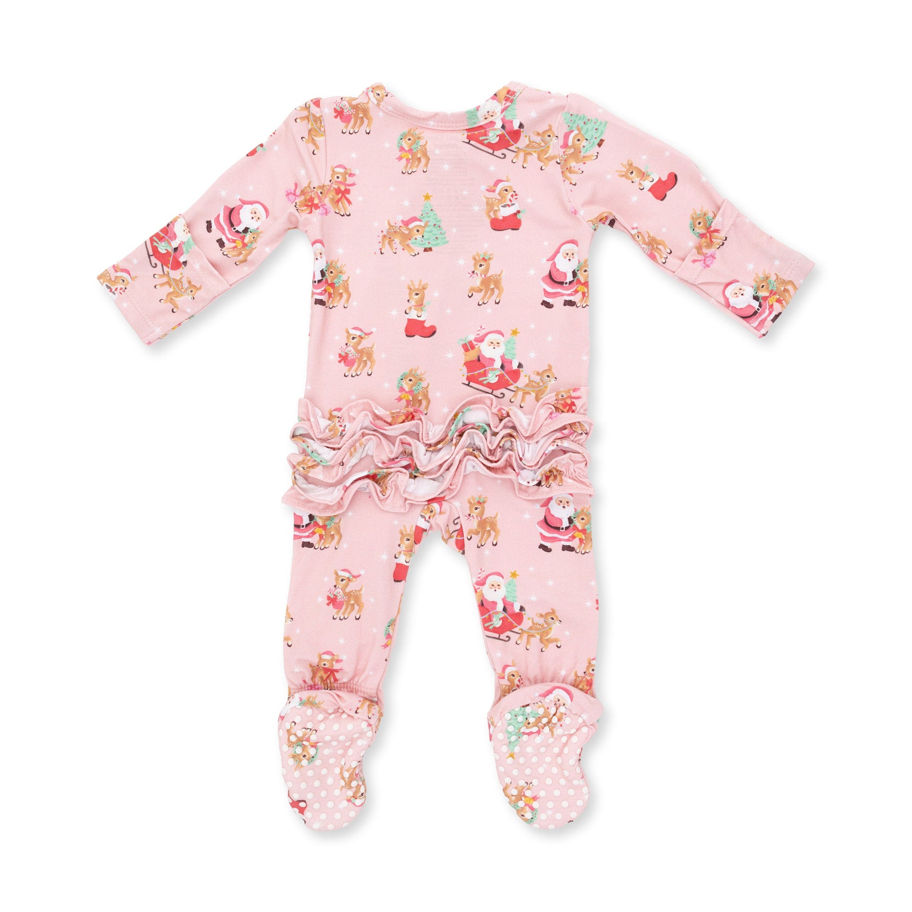 Vintage Reindeer & Santa Pink - 2 Way Ruffle Back Zipper Footie by Angel Dear