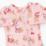 Vintage Reindeer & Santa Pink - 2 Way Ruffle Back Zipper Footie by Angel Dear