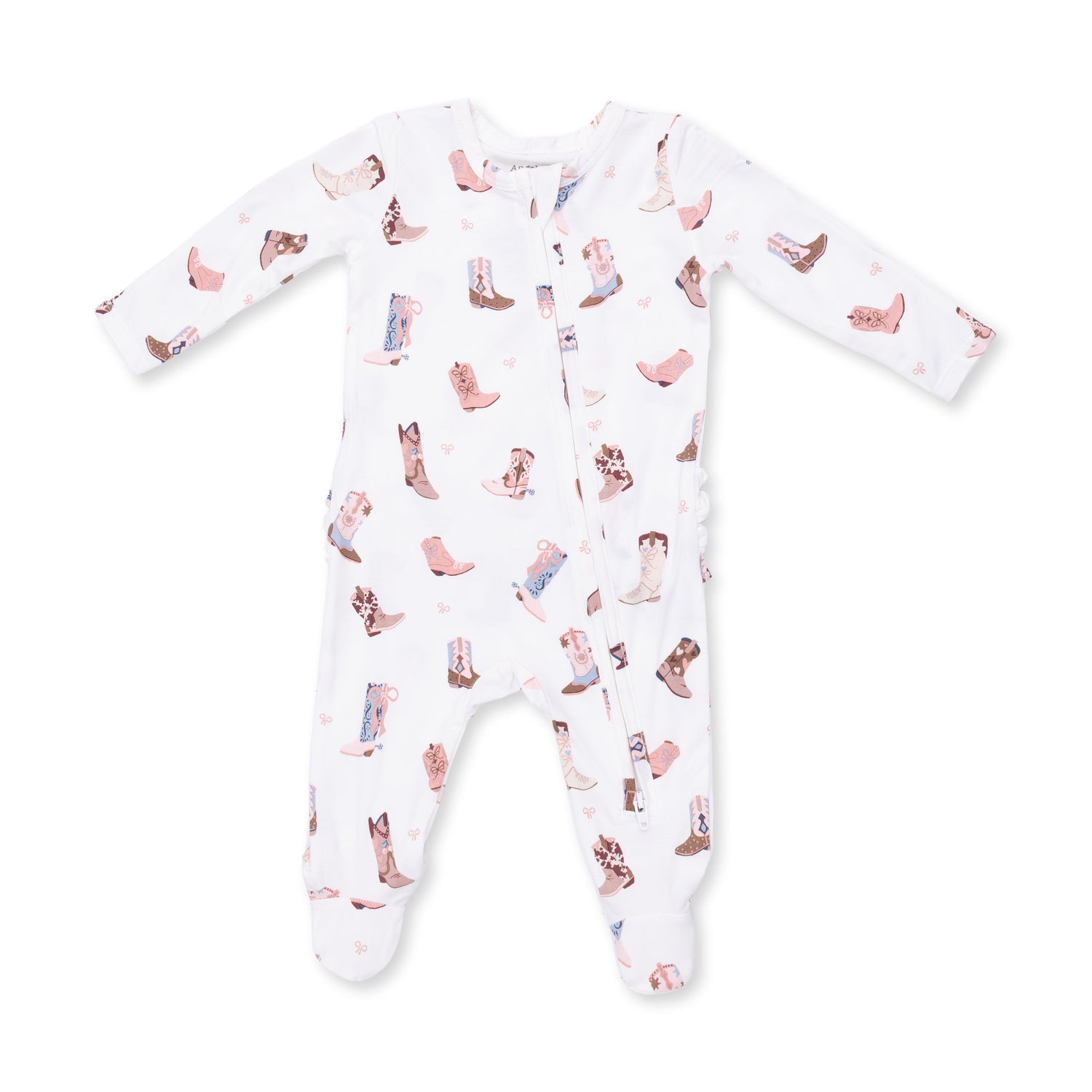 Baby footie pajamas in a Buckarette Boots cowboy-boot print with a ruffle back detail and full-length zipper.