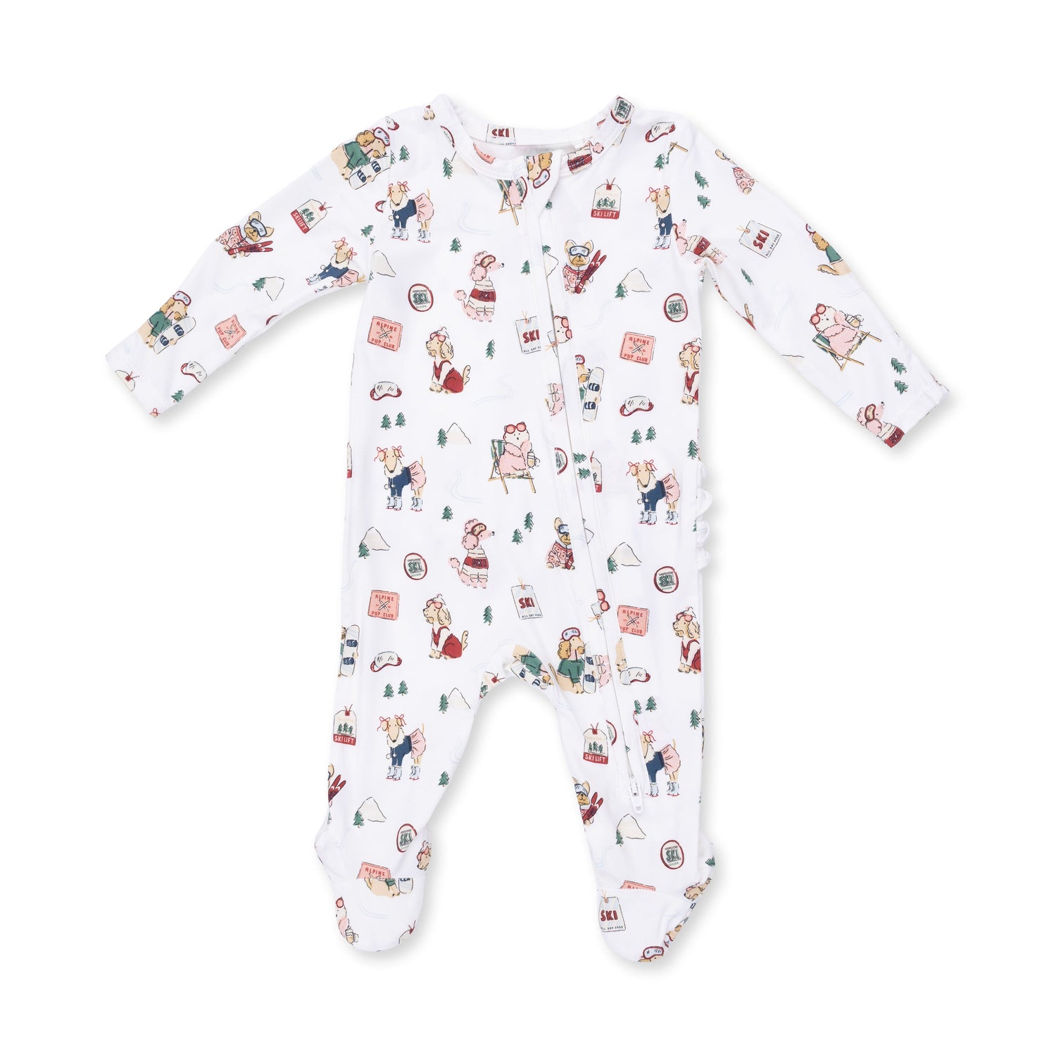 Pink baby footie with a winter sports dogs print, ruffle back detail, and full-length zipper