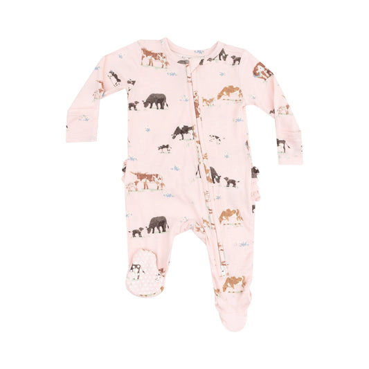 2 Way Zipper Ruffle Back Footie Cow Families Pink.