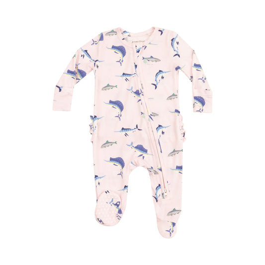 2 Way Zipper Ruffle Back Footie Deep Sea Fishing Pink.