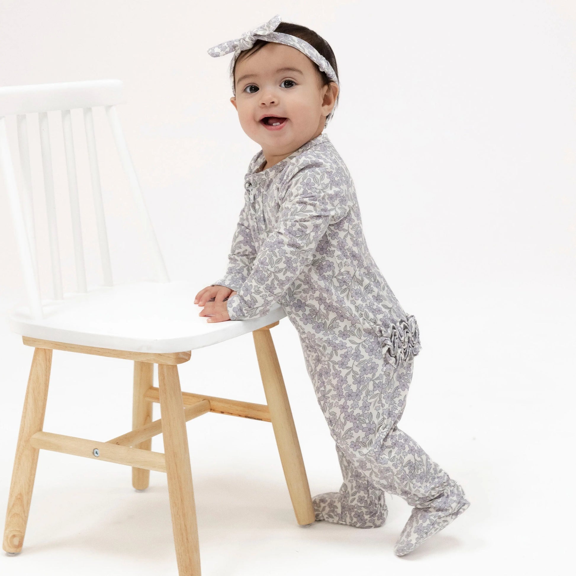 2 Way Zipper Ruffle Back Footie Forget Me Not Floral.