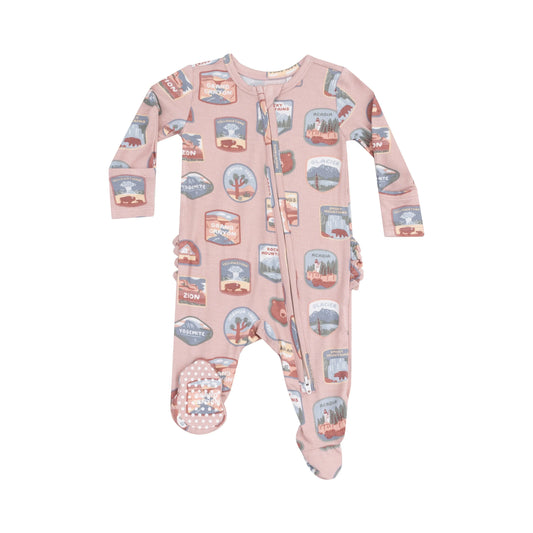2 Way Zipper Ruffle Back Footie National Park Patches Pink.