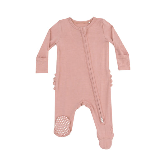 2 Way Zipper Ruffle Back Footie Solid Mellow Rose.
