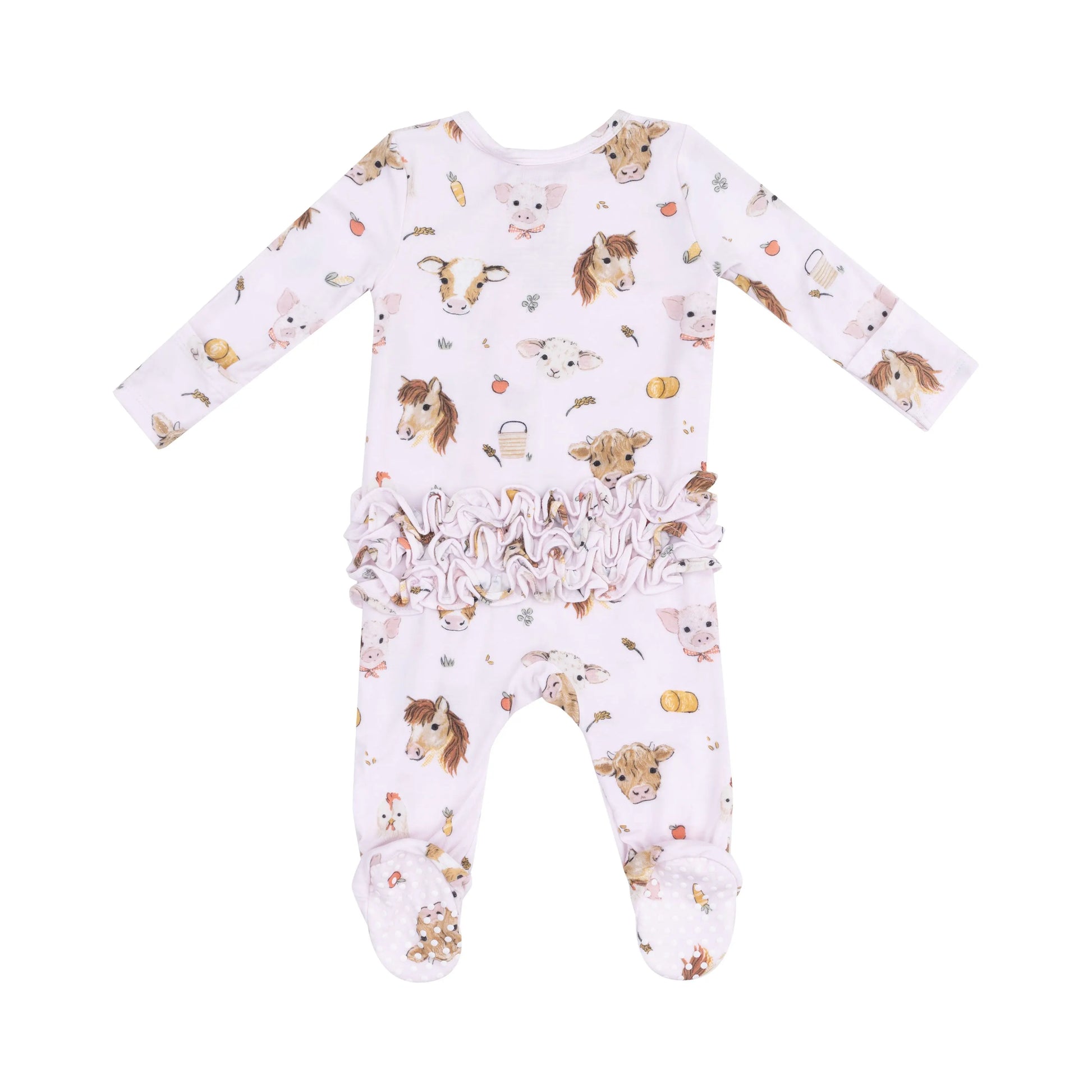 2 Way Zipper Ruffle Back Footie Vintage Animal Faces Pink.