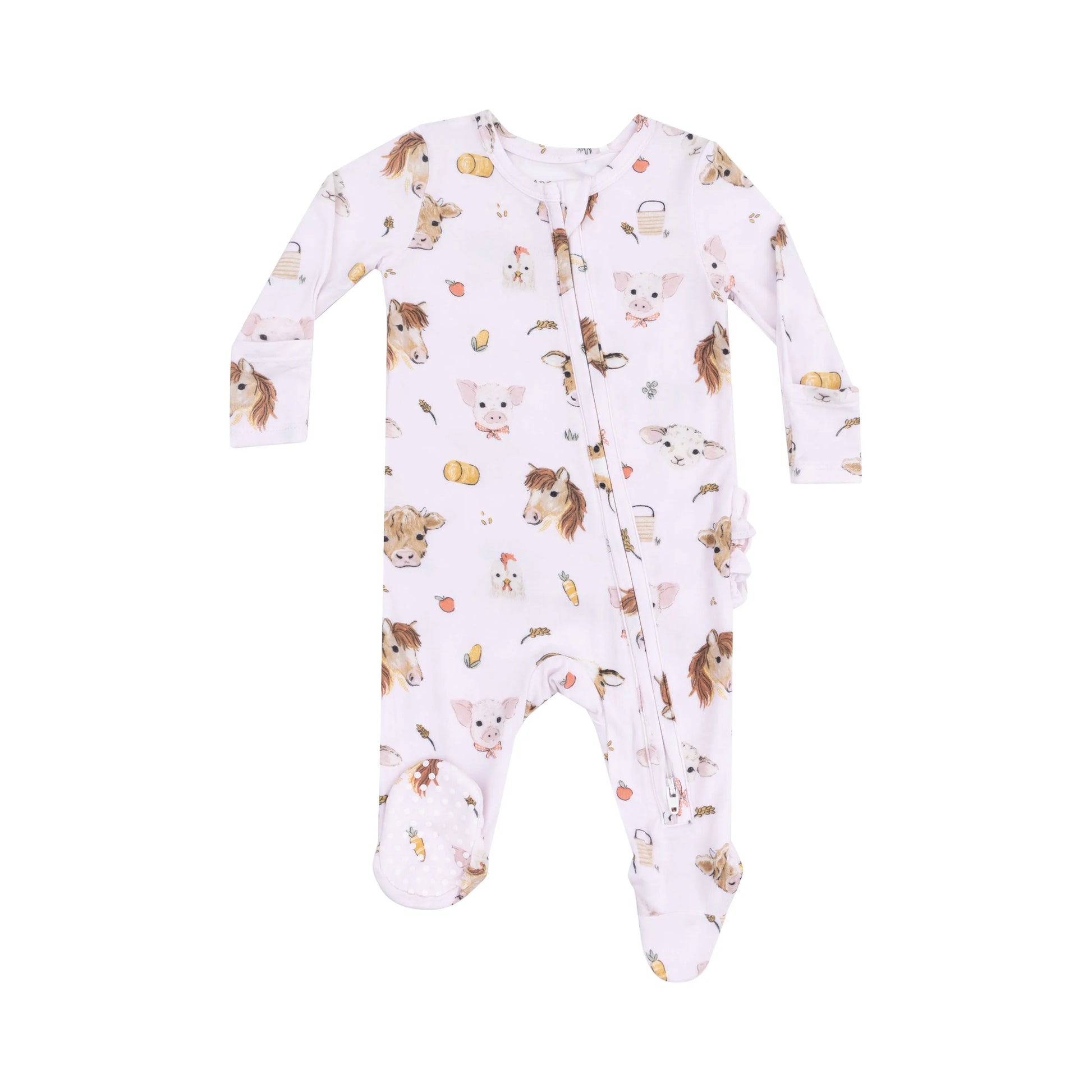2 Way Zipper Ruffle Back Footie Vintage Animal Faces Pink.